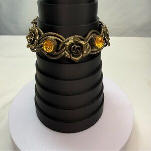 Vintage-Inspired Gold Rose Bracelet with Amber Crystals